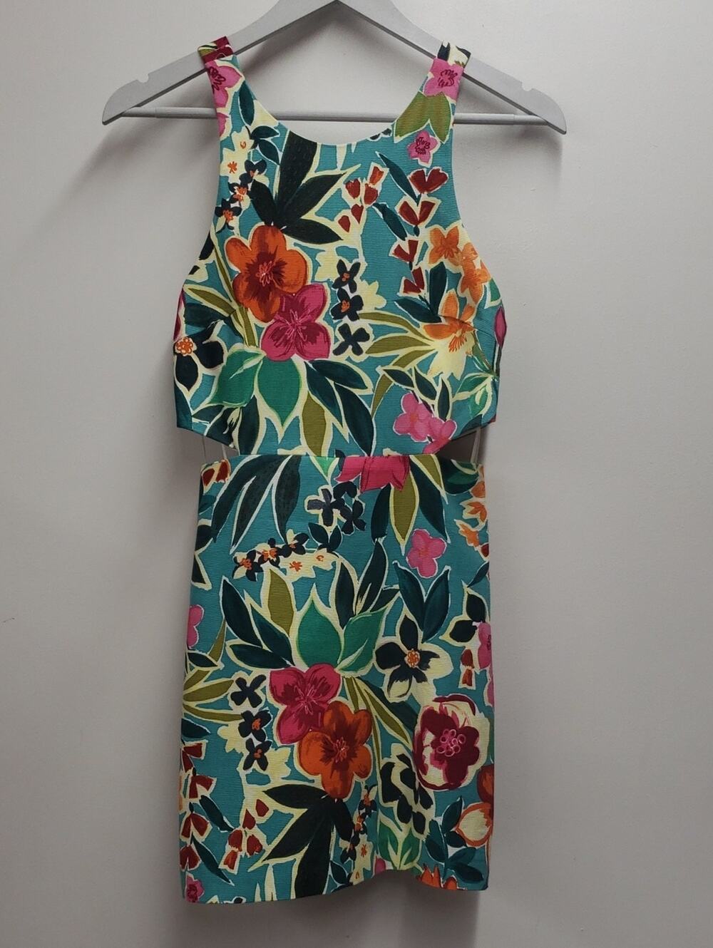 Zara Tropical Floral Cutout Dress in Teal Women's Size Small Travel Vacation